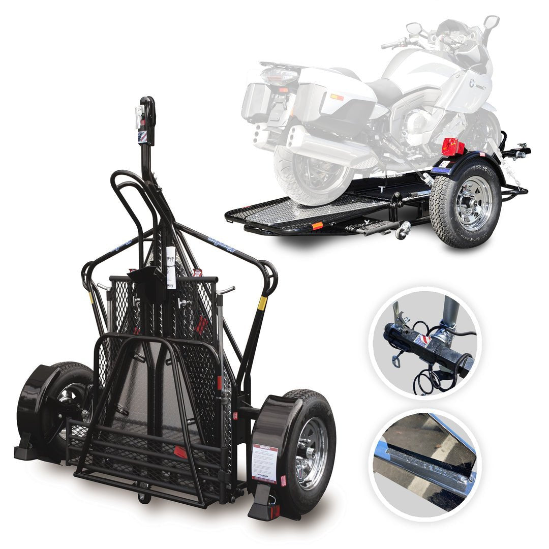 Go! Series Single Rail Folding Motorcycle Trailers – Deluxe Chrome Wheels Balanced