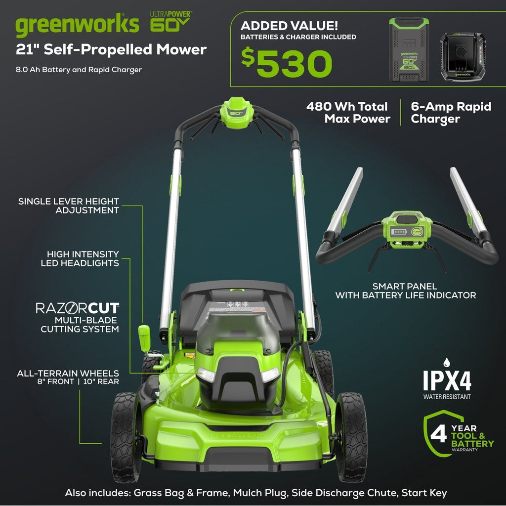 Greenworks 60V 21″ Self Propelled Lawn Mower with (1) 8.0 Ah Battery & Rapid Charger 2546402