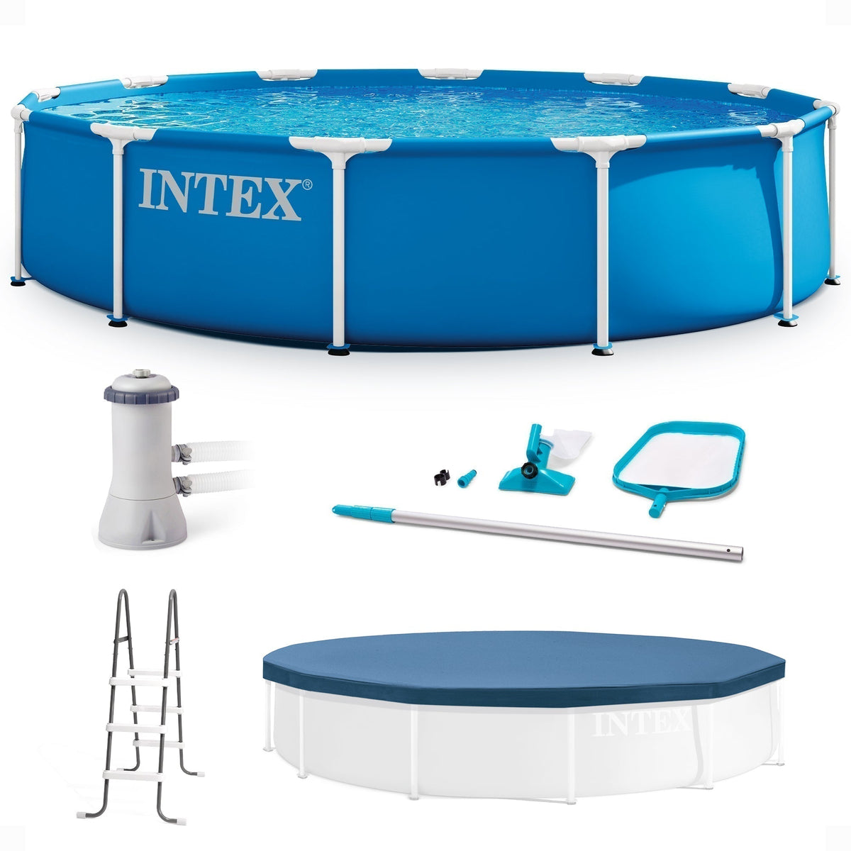 Intex 12 x 2.5 Foot Metal Frame Above Ground Pool with Filter and Accessories