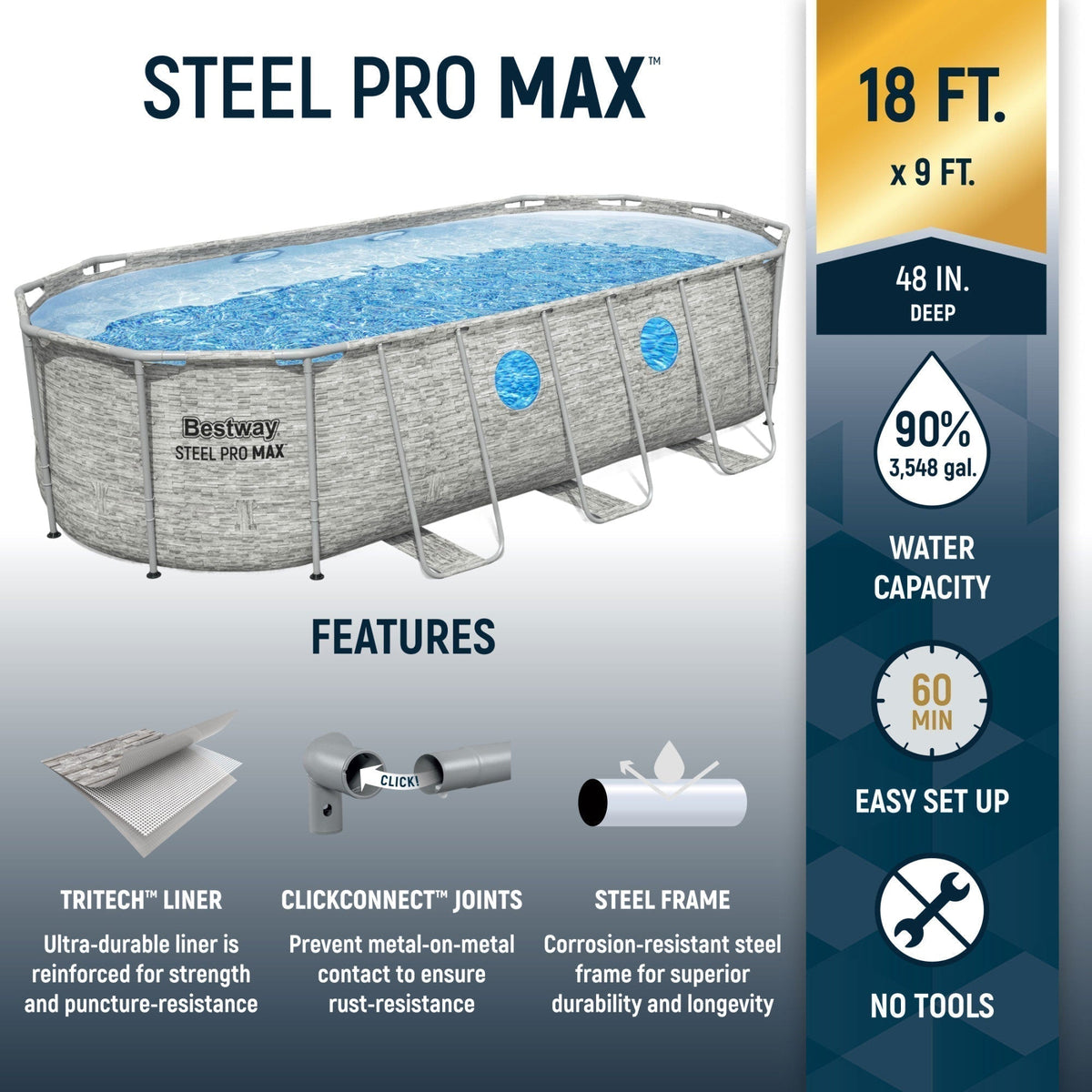 Bestway Power Steel Swim Vista 18' x 9' x 48" Above Ground Swimming Pool Set