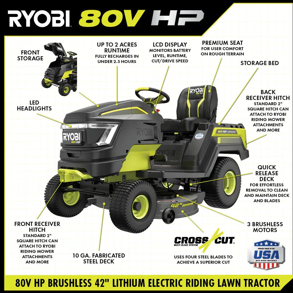 Brushless 80V Hp 46-Inch Cordless Lawn Tractor Battery Powered
