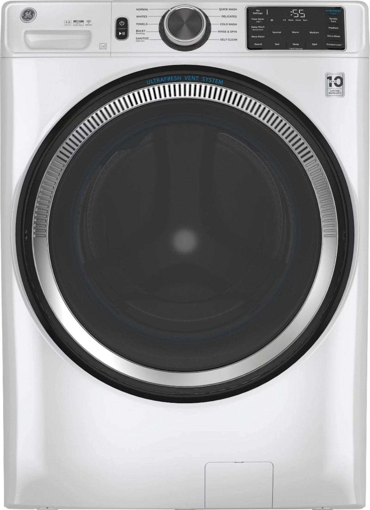 GE – 4.8 CuFt High-Efficiency Stackable Smart Front Load Washer w/UltraFresh Vent System & Microban Antimicrobial Technology – White on white