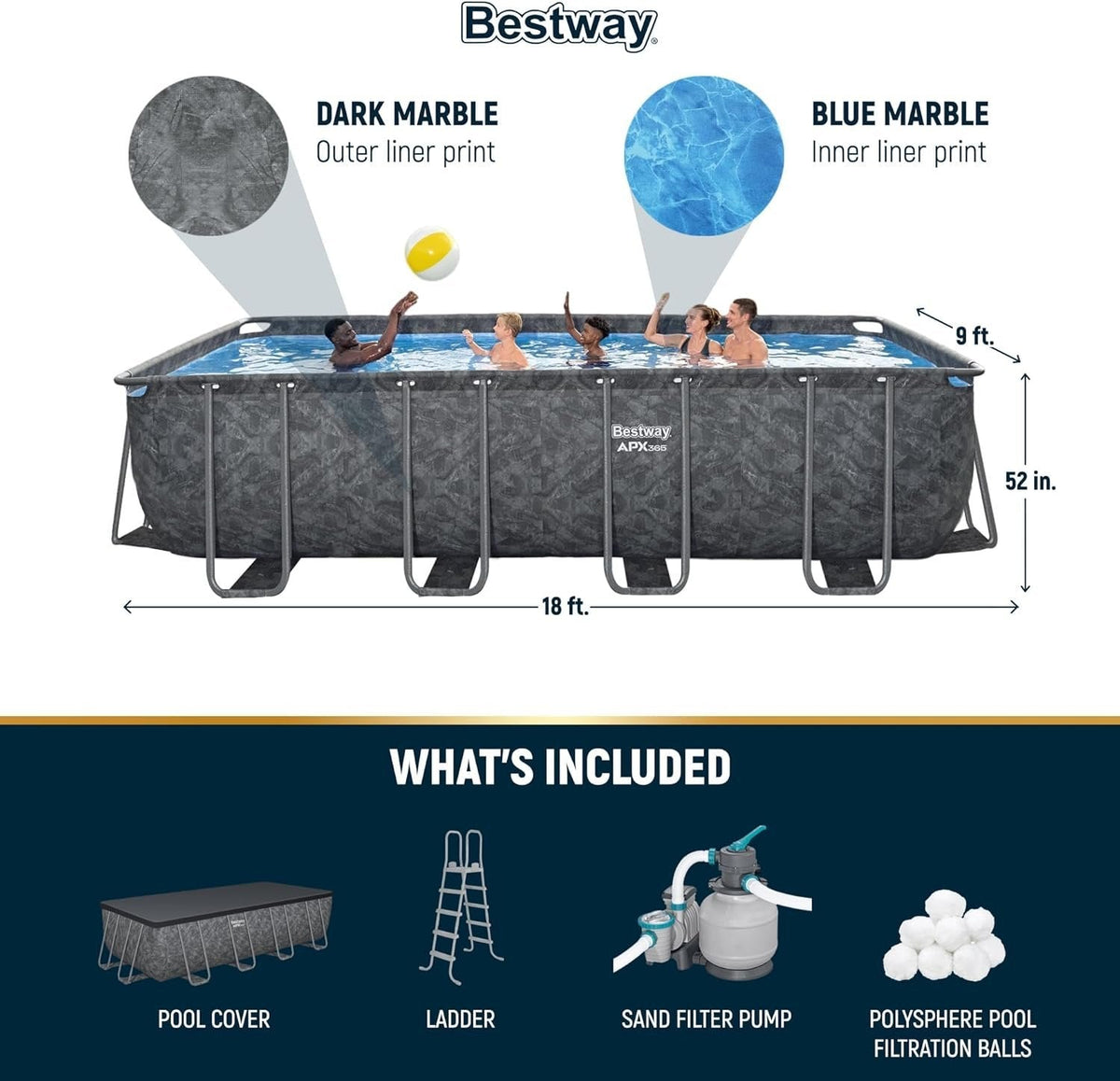 Bestway APX 365 18′ x 9′ x 52″ Rectangular Above Ground Swimming Pool