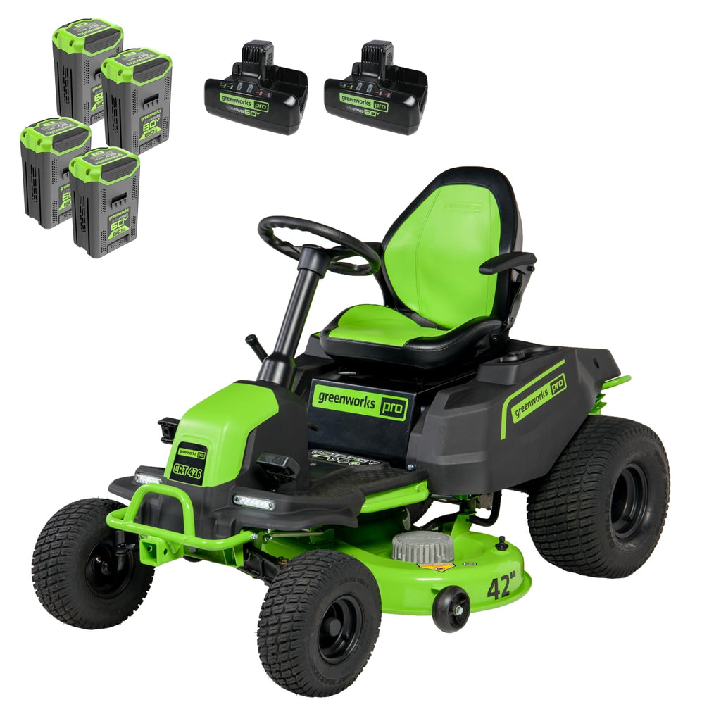 Greenworks 60V 42” Cordless Electric CrossoverT Riding Mower, (4) 8.0Ah Batteries and (2) Dual Port Turbo Chargers