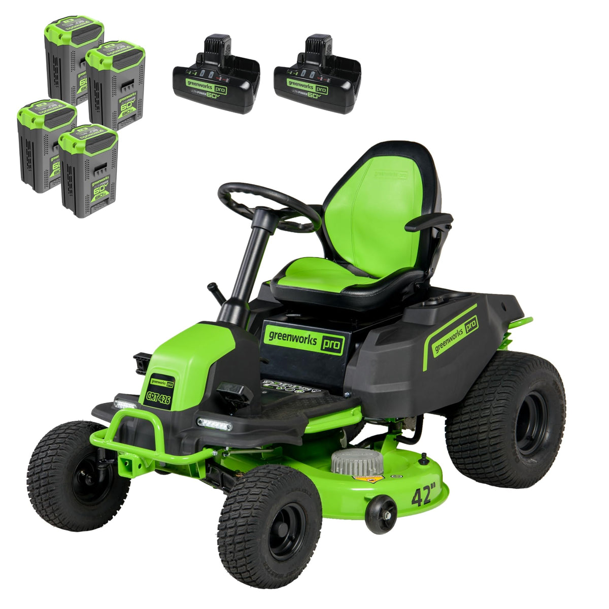 Greenworks 60V 42” Cordless Electric CrossoverT Riding Mower, (4) 8.0Ah Batteries and (2) Dual Port Turbo Chargers