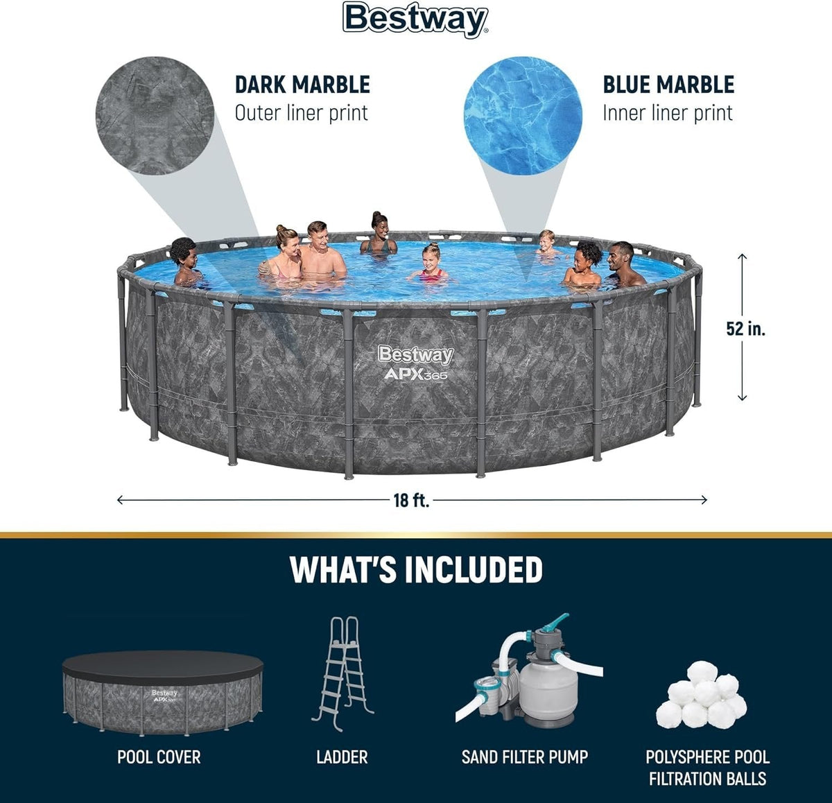 Bestway APX 365 18’x52″ Round Above Ground Swimming Pool Set with Pump & Ladder