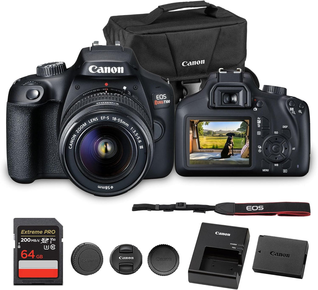 Canon EOS Rebel T100 DSLR Camera 18MP with 18-55mm Lens + Bag + 64GB Card