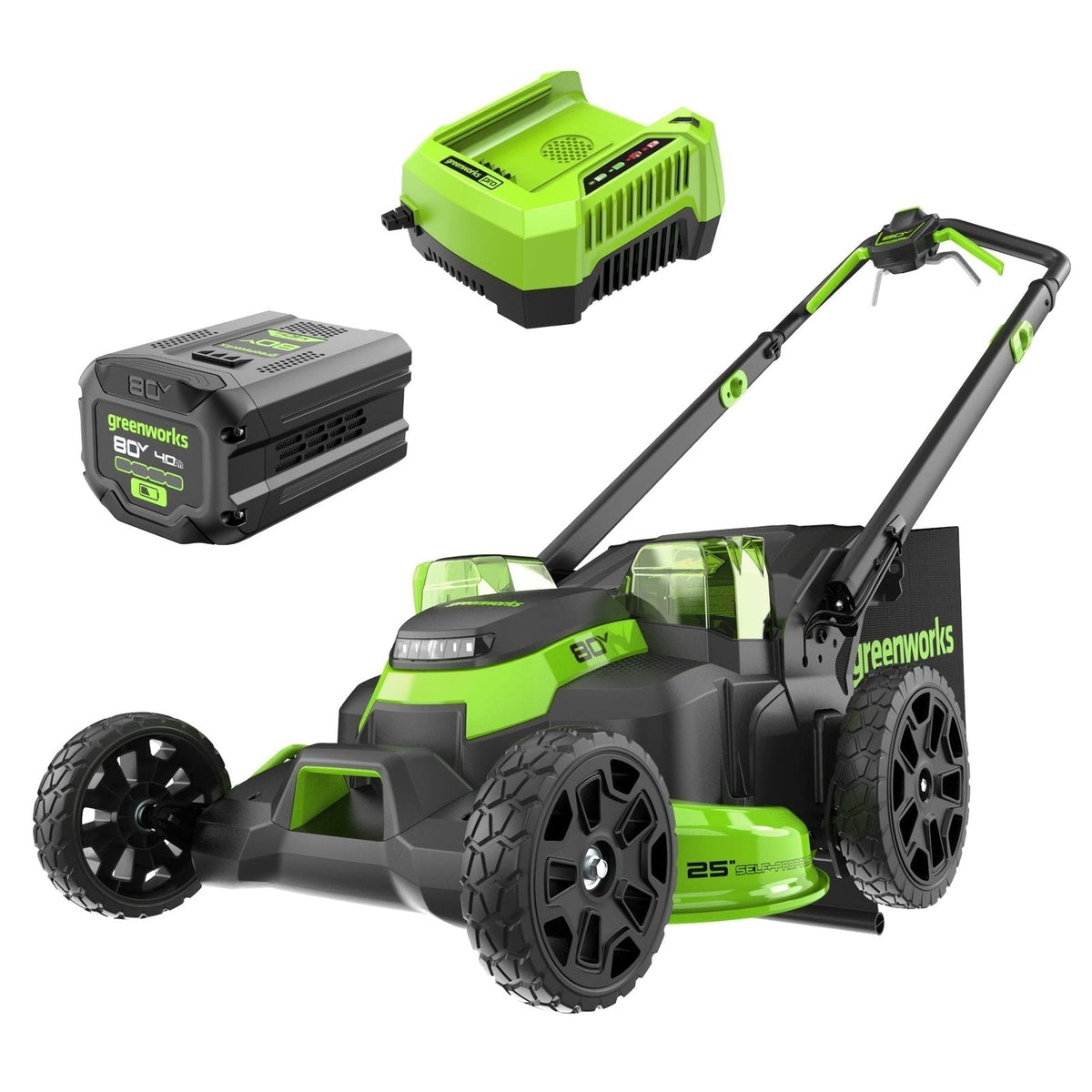 Greenworks 80V 25″ Brushless Cordless Self-Propelled Lawn Mower,3 in 1 Dual Blade LawnMover, W/4.0Ah Battery and Rapid Charger Included