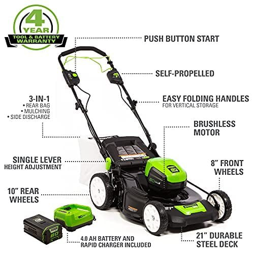 Greenworks Pro 80V 21-Inch Brushless Self-Propelled Lawn Mower, 4Ah Battery Included MO80L410