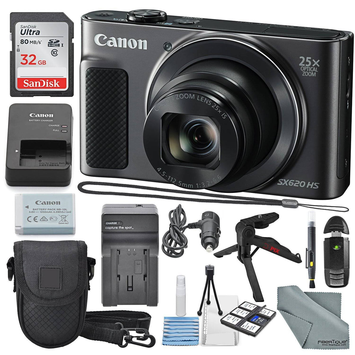 Canon PowerShot SX620 HS Digital Camera Along with 32GB, Deluxe Accessory Bundle and Cleaning Kit, Black